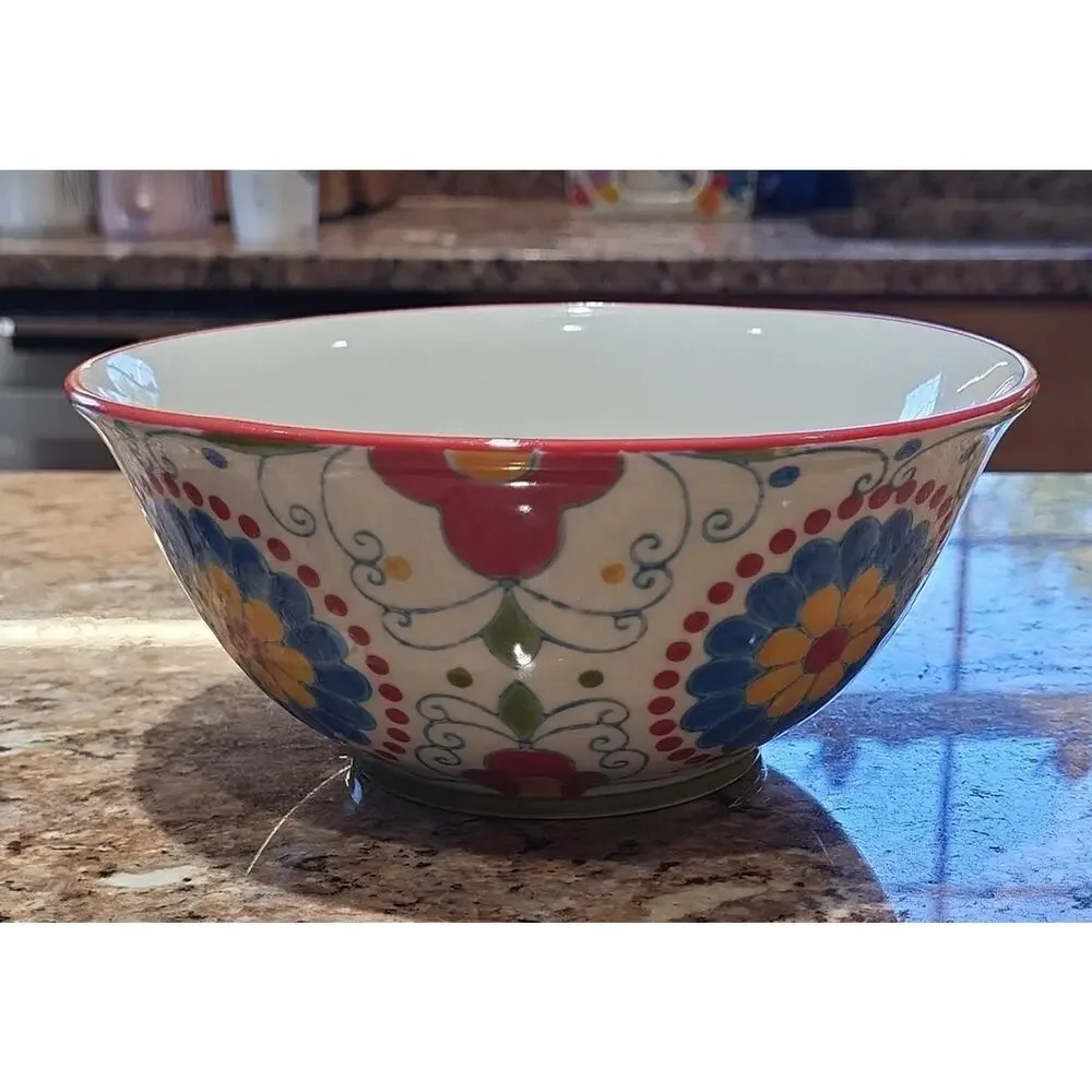 Pier 1 Floral Ceramic Bowls with Red and Blue Accents (Set Of 2)